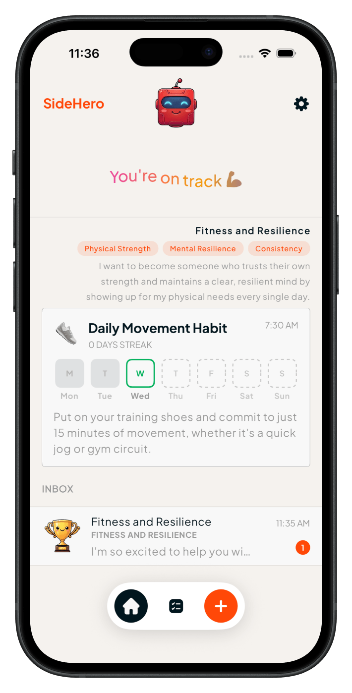 The home screen tracking a daily movement habit across the week, with a check-in waiting in the inbox